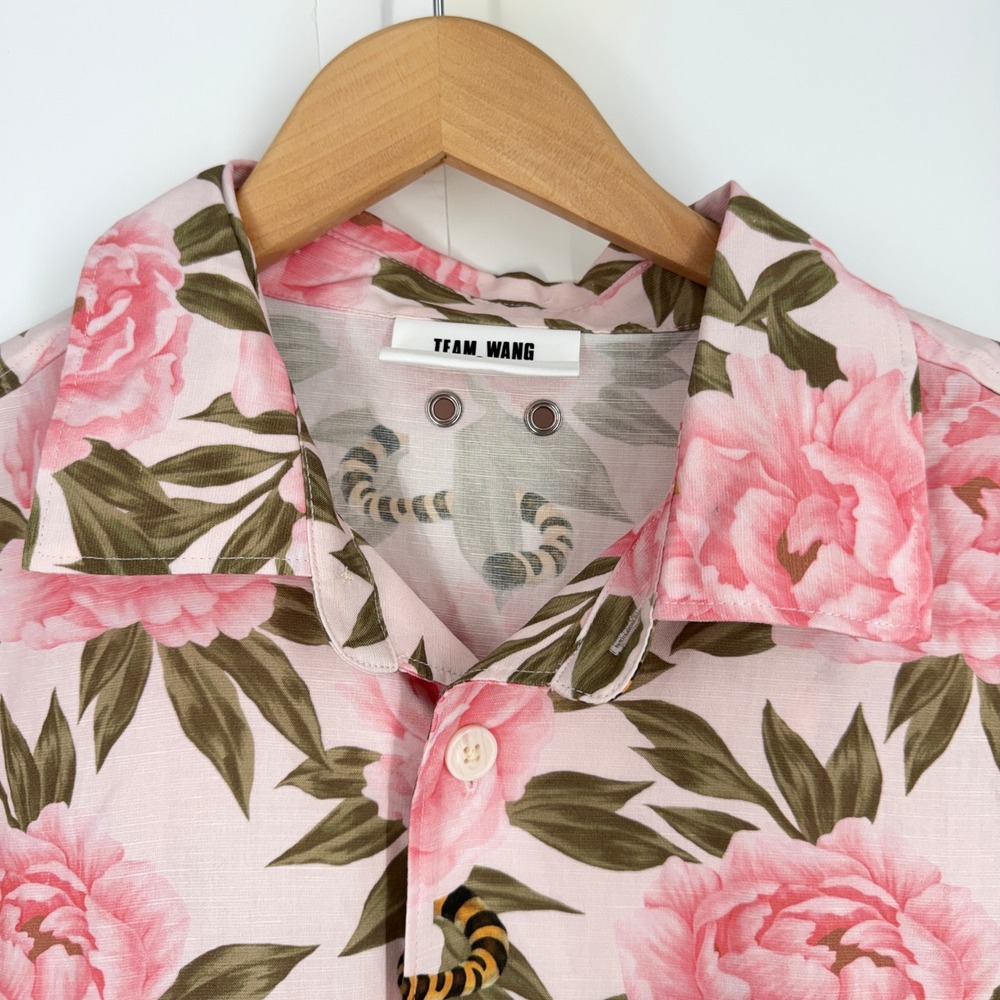 Team Wang‎ Design Mens Size 2 Pink Peony Tiger Tail Floral Flax Button Up Shirt - Picture 4 of 10